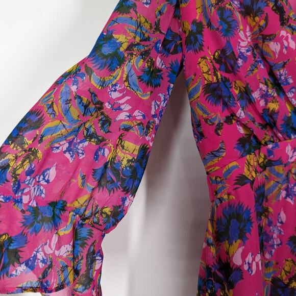 Saloni Edith Pink Floral V-Neck Midi Dress Silk Ruffle Size 0 Women's Preowned - Picture 12 of 15